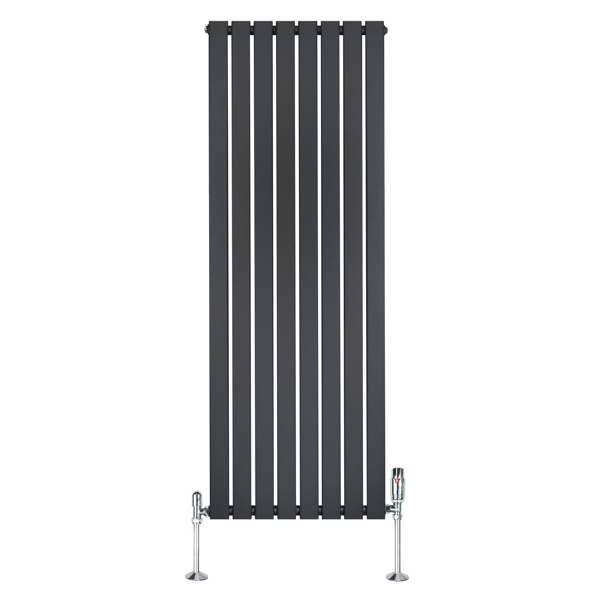 Sleek anthracite grey flat single column radiator with vertical slats and chrome valves, ideal for modern interiors