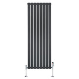 Sleek anthracite grey flat single column radiator with vertical slats and chrome valves, ideal for modern interiors