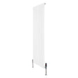 Sleek white flat single column radiator with vertical slats, measuring 1600mm x 560mm, accompanied by chrome valves for modern interiors