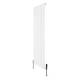 Sleek white flat single column radiator with vertical slats, measuring 1600mm x 560mm, accompanied by chrome valves for modern interiors