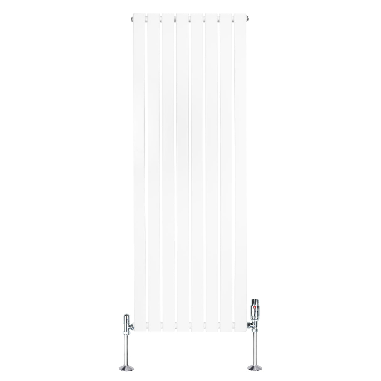 Sleek white flat single column radiator with vertical slats, measuring 1600mm x 560mm, featuring chrome valves at the base