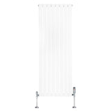 Sleek white flat single column radiator with vertical slats, measuring 1600mm x 560mm, featuring chrome valves at the base