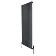 Flat single column radiator in anthracite grey, measuring 1600mm x 700mm, featuring sleek vertical panels and modern valves