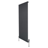 Flat single column radiator in anthracite grey, measuring 1600mm x 700mm, featuring sleek vertical panels and modern valves