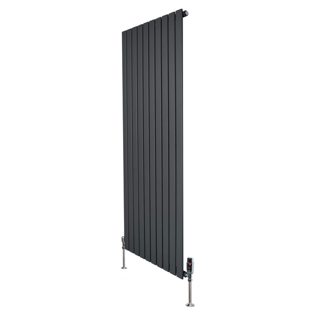 Flat single column radiator in anthracite grey, measuring 1600mm x 700mm, featuring sleek vertical panels and modern valves