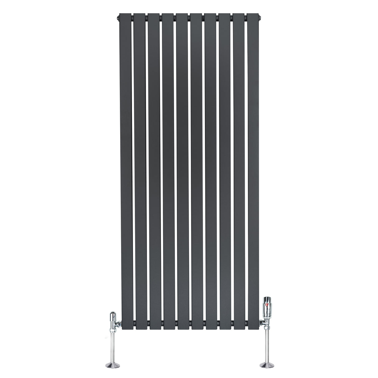 Anthracite grey flat single column radiator, 1600mm x 700mm, featuring sleek vertical slats and chrome valves for modern decor