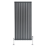Anthracite grey flat single column radiator, 1600mm x 700mm, featuring sleek vertical slats and chrome valves for modern decor