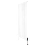 Sleek white flat single column radiator, 1600mm x 700mm, featuring vertical fins and modern valves for efficient heating