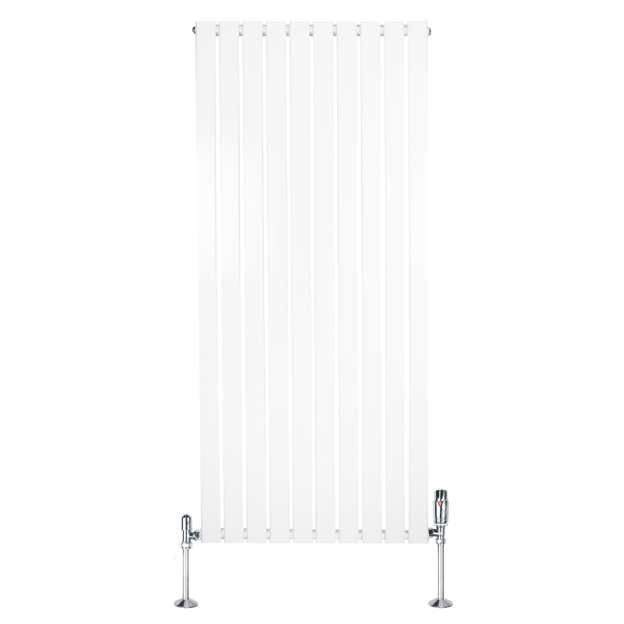 Sleek white flat single column radiator with vertical slats, measuring 1600mm x 700mm, featuring chrome valves at the base