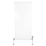 Sleek white flat single column radiator with vertical slats, measuring 1600mm x 700mm, featuring chrome valves at the base
