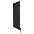 Sleek black flat single column radiator, 1600mm x 700mm, featuring vertical slats and stylish valves for modern interiors