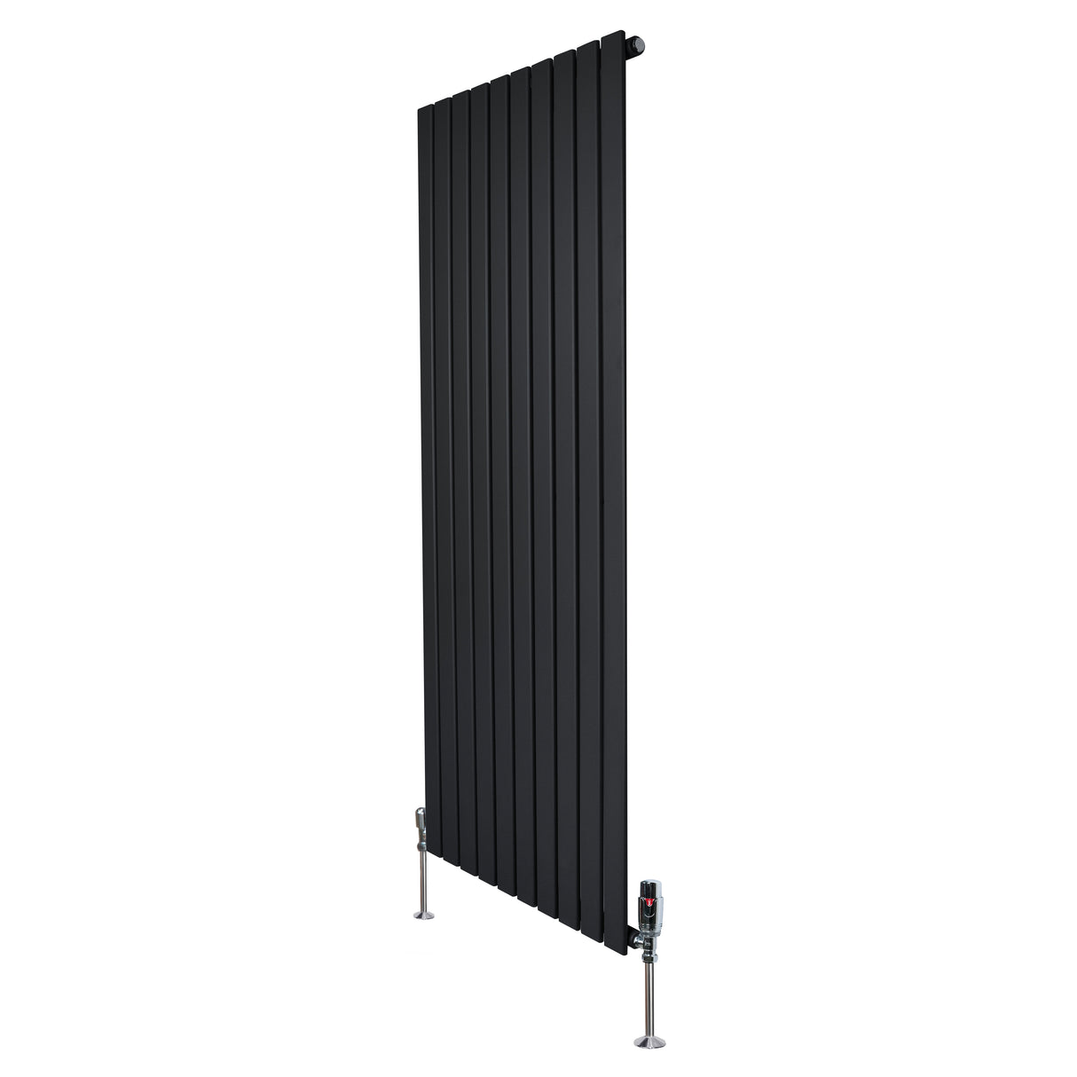 Sleek black flat single column radiator, 1600mm x 700mm, featuring vertical slats and stylish valves for modern interiors