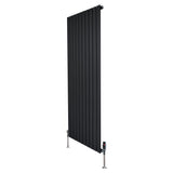 Sleek black flat single column radiator, 1600mm x 700mm, featuring vertical slats and stylish valves for modern interiors