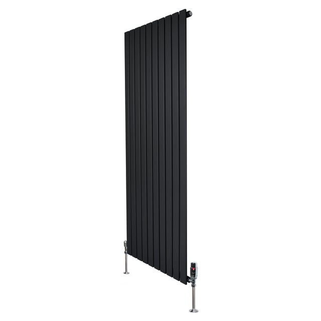 Sleek black flat single column radiator, 1600mm x 700mm, featuring vertical slats and stylish valves for modern interiors