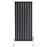 Sleek black flat single column radiator with vertical slats, measuring 1600mm x 700mm, includes chrome valves for modern decor