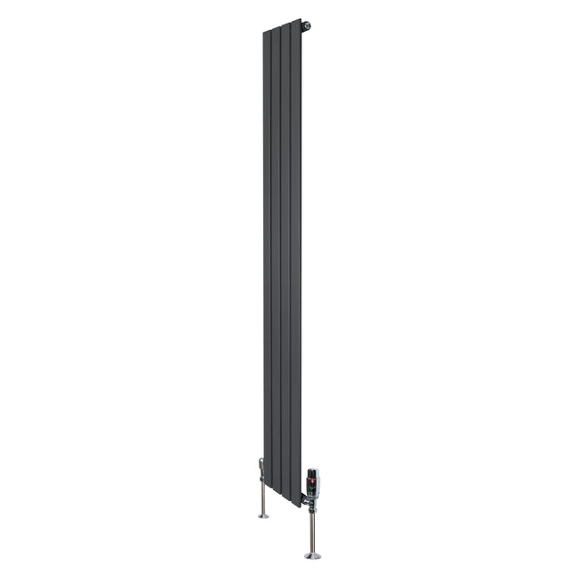 Sleek anthracite grey flat single column radiator with vertical design, featuring modern valves and a smooth, matte finish