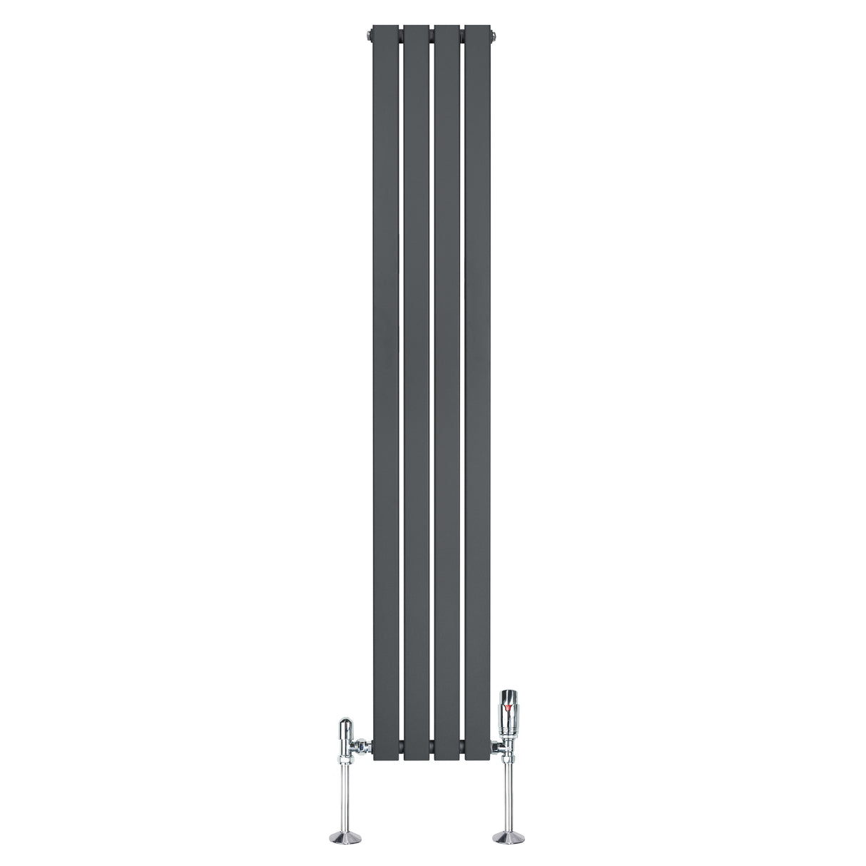 Tall anthracite grey flat single column radiator with sleek vertical lines and chrome valves, ideal for modern interiors