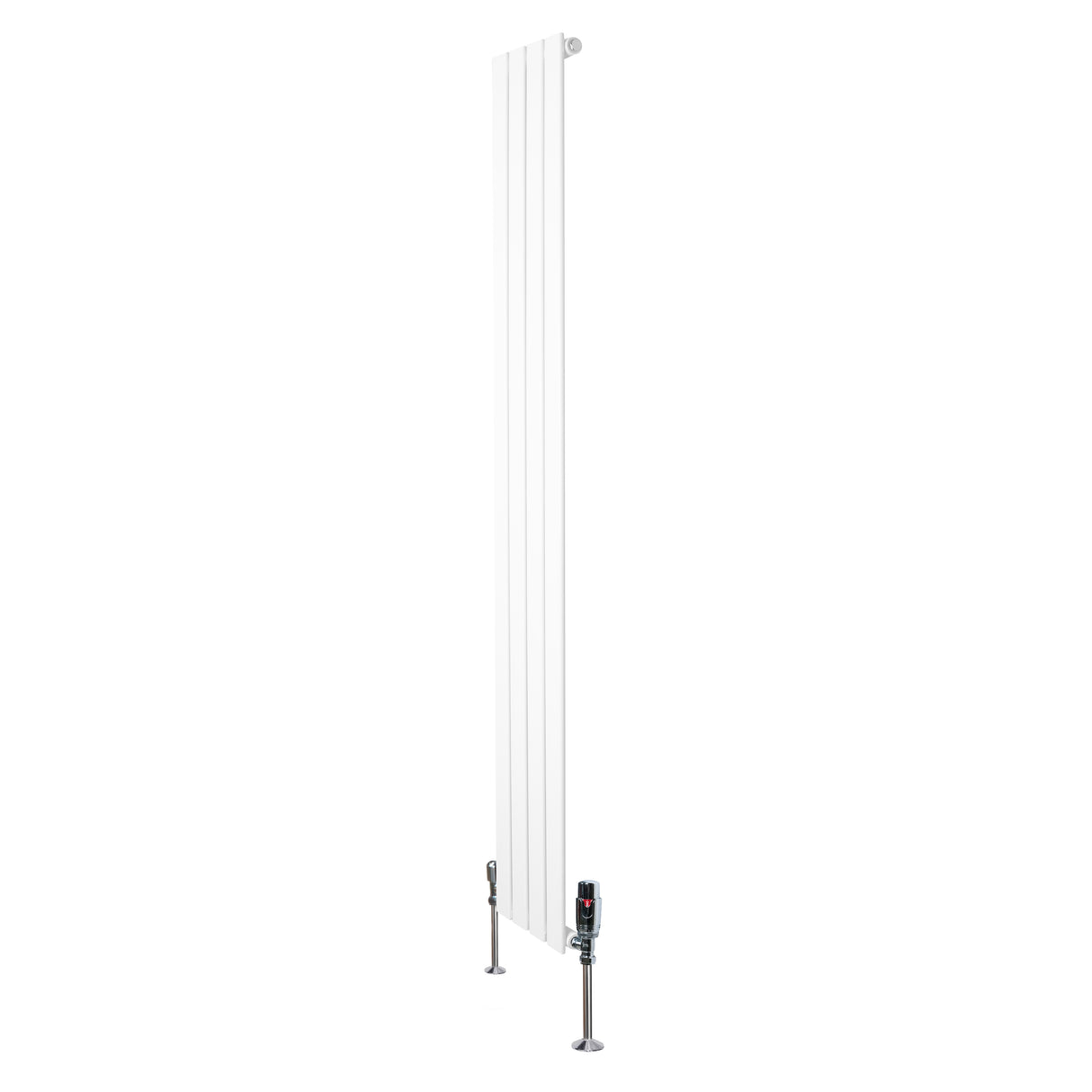 Sleek white flat single column radiator with vertical lines, measuring 1800mm x 280mm, paired with stylish valves for modern interiors