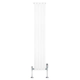 Sleek white flat single column radiator with chrome valves, measuring 1800mm x 280mm, featuring a smooth, modern design