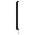 Sleek black flat single column radiator with vertical design, measuring 1800mm x 280mm, featuring modern valves at the base