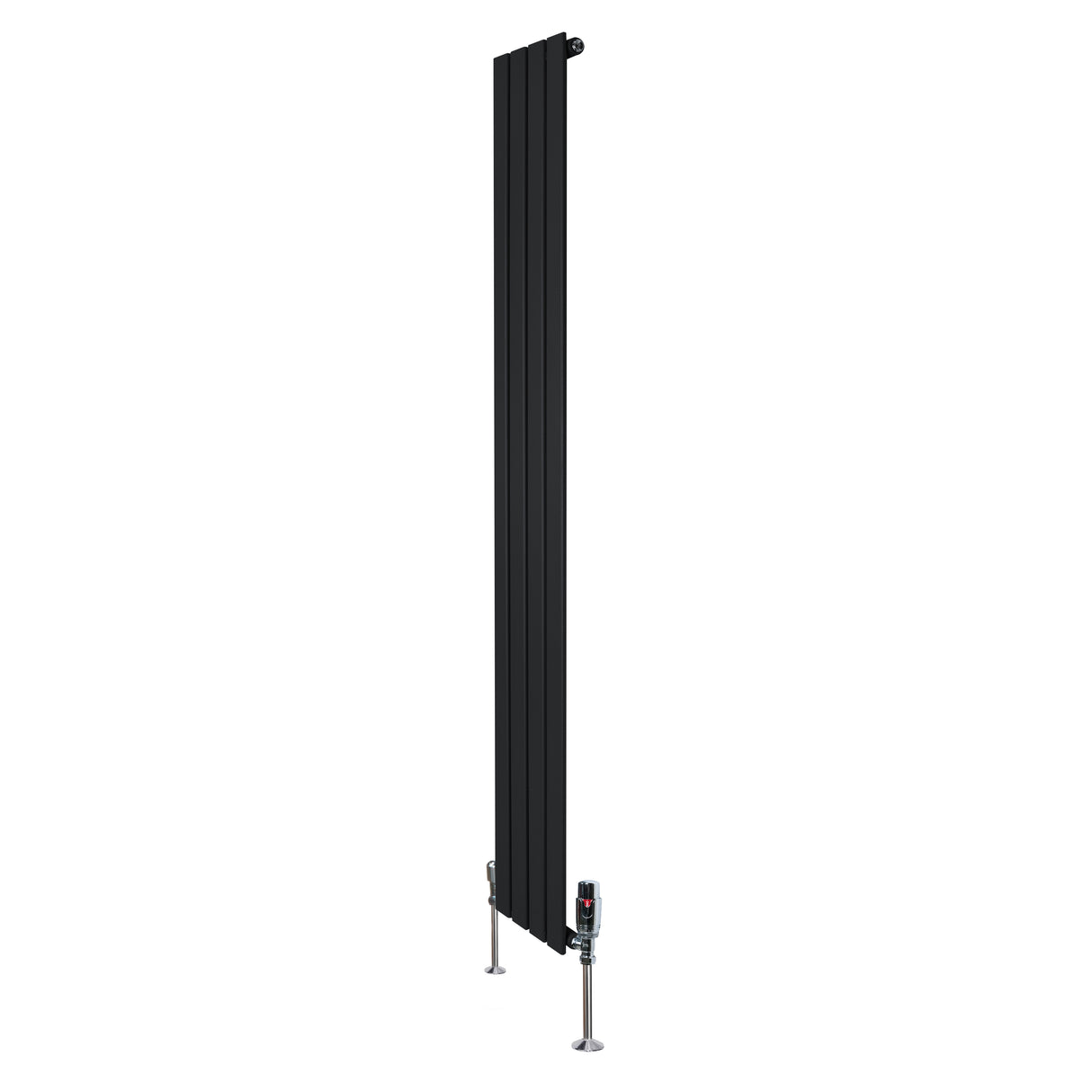 Sleek black flat single column radiator with vertical design, measuring 1800mm x 280mm, featuring modern valves at the base