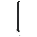 Sleek black flat single column radiator with vertical design, measuring 1800mm x 280mm, featuring modern valves at the base