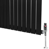 Sleek black flat single column radiator with smooth vertical panels and chrome valve, measuring 1800mm x 280mm, ideal for modern spaces