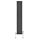 Sleek black flat single column radiator with vertical slats, measuring 1800mm x 280mm, paired with chrome valves for modern decor