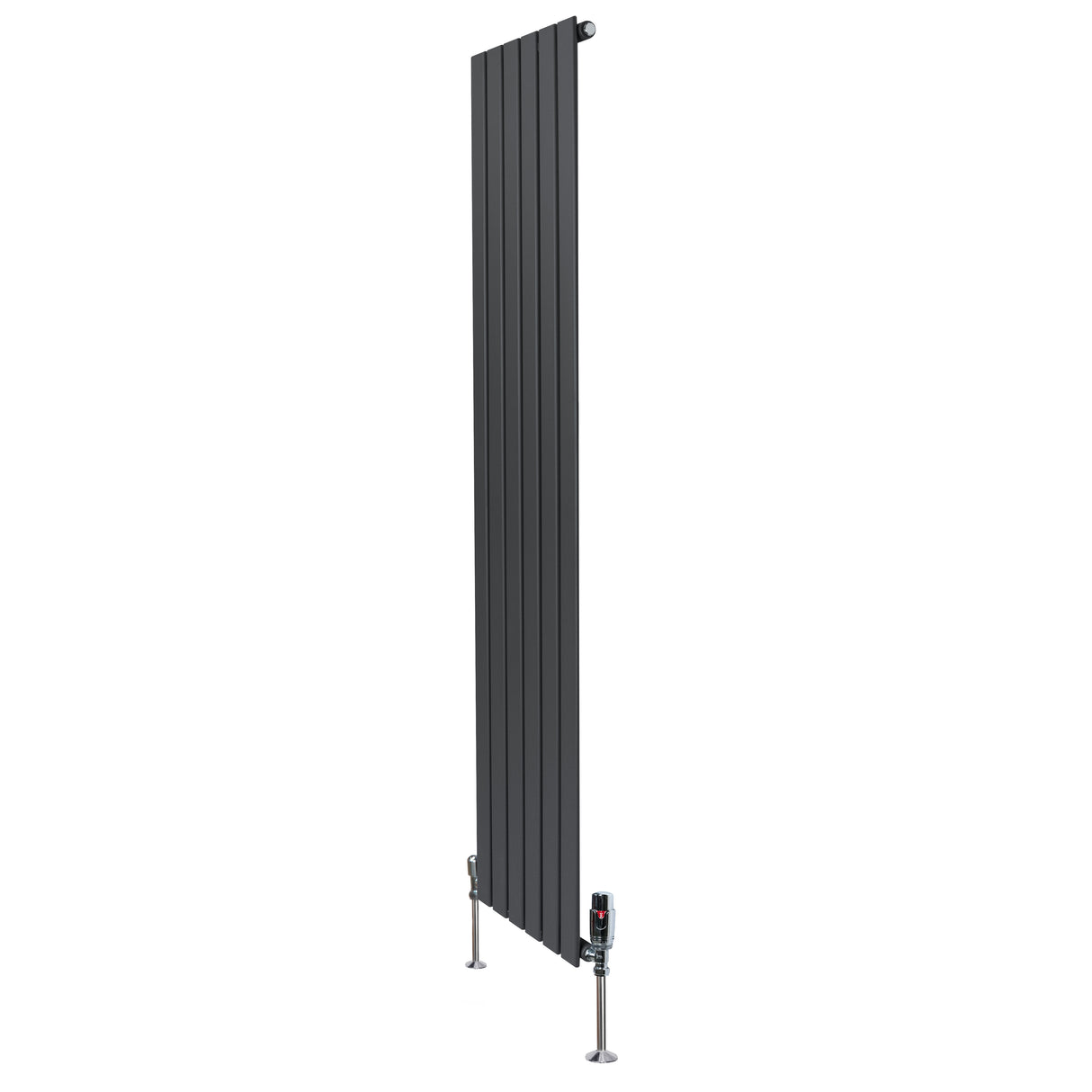 Tall anthracite grey flat single column radiator with sleek vertical lines and modern valves, ideal for contemporary interiors