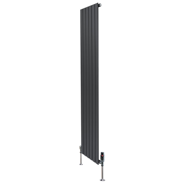 Tall anthracite grey flat single column radiator with sleek vertical lines and modern valves, ideal for contemporary interiors