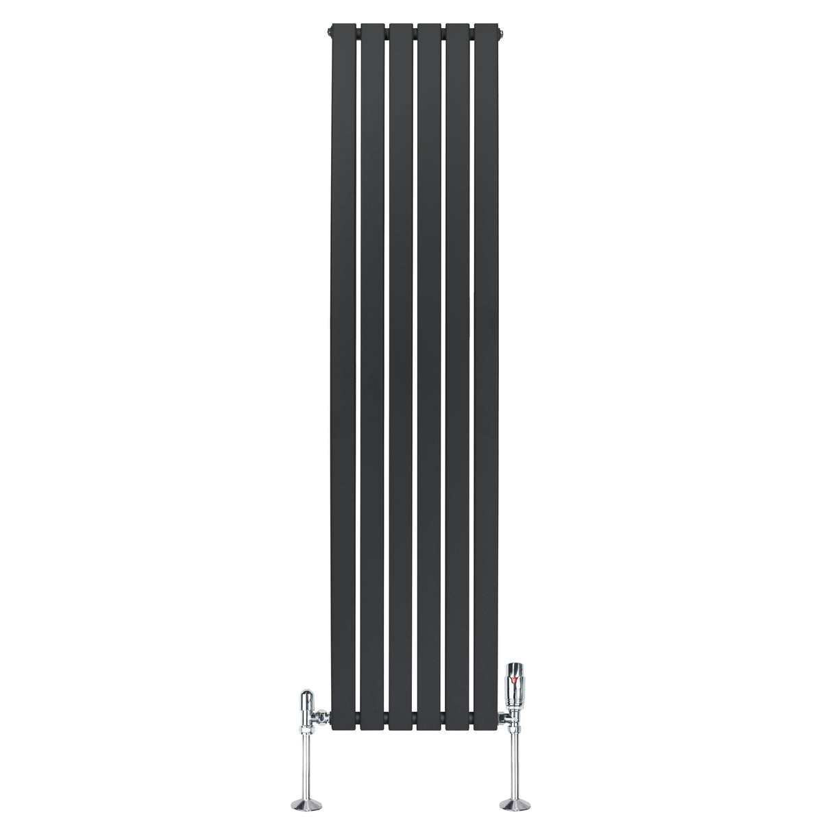 Tall anthracite grey flat single column radiator with sleek vertical lines and polished chrome valves, ideal for modern interiors