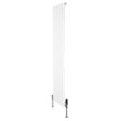 Sleek white flat single column radiator with vertical fins, measuring 1800mm x 420mm, featuring modern valves and a polished finish