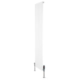 Sleek white flat single column radiator with vertical fins, measuring 1800mm x 420mm, featuring modern valves and a polished finish