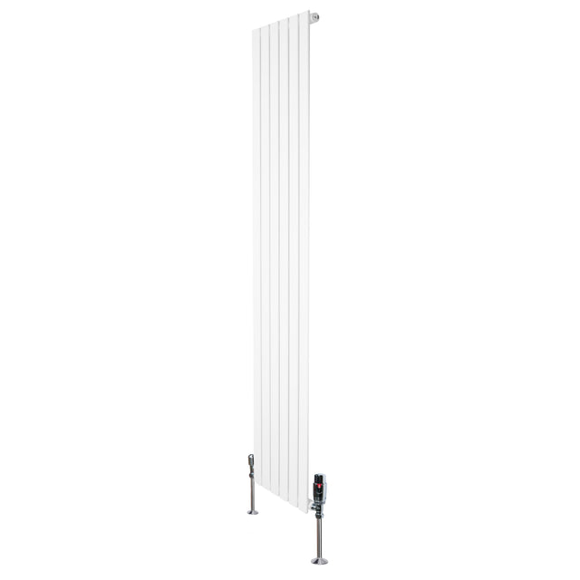 Sleek white flat single column radiator with vertical fins, measuring 1800mm x 420mm, featuring modern valves and a polished finish