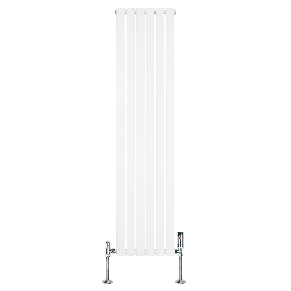Sleek white flat single column radiator with chrome valves, measuring 1800mm x 420mm, featuring a smooth, modern design