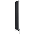 Sleek black flat single column radiator with vertical fins, measuring 1800mm x 420mm, featuring modern valves for efficient heating