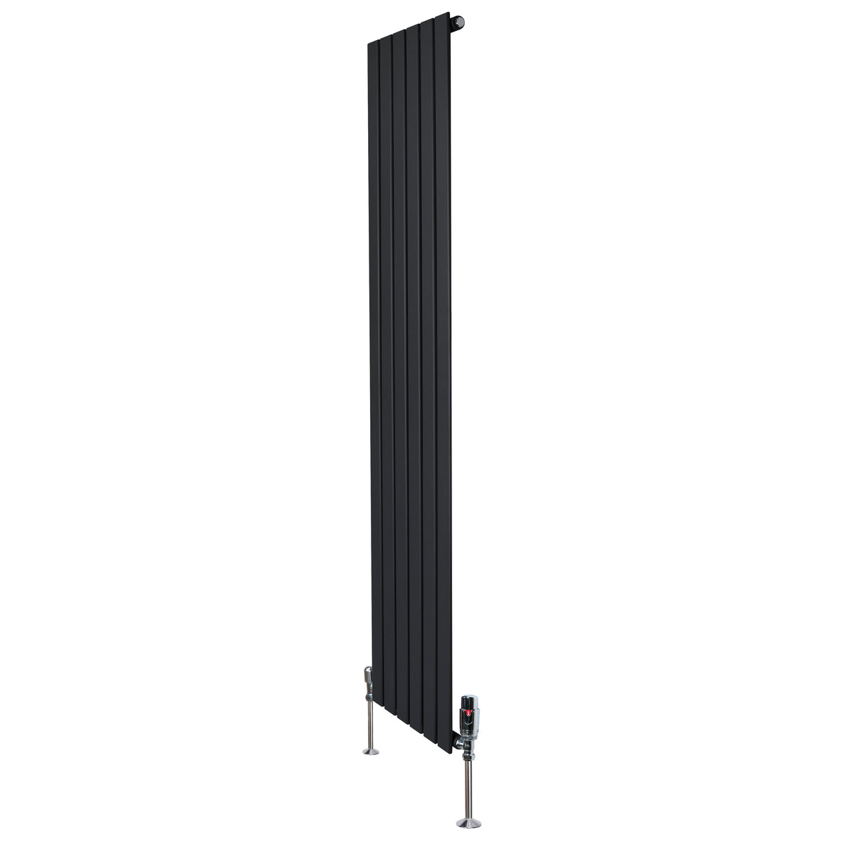 Sleek black flat single column radiator with vertical fins, measuring 1800mm x 420mm, featuring modern valves for efficient heating