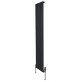 Sleek black flat single column radiator with vertical fins, measuring 1800mm x 420mm, featuring modern valves for efficient heating