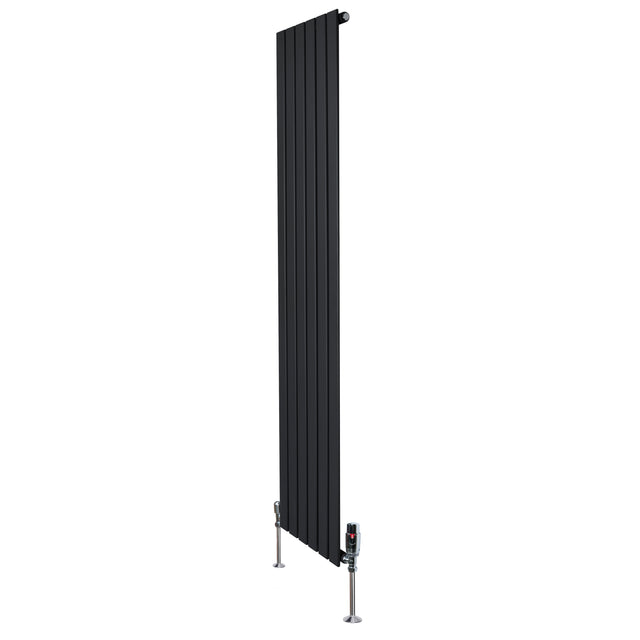 Sleek black flat single column radiator with vertical fins, measuring 1800mm x 420mm, featuring modern valves for efficient heating
