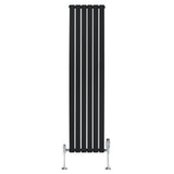 Sleek black flat single column radiator with vertical slats, measuring 1800mm x 420mm, complemented by chrome valves at the base