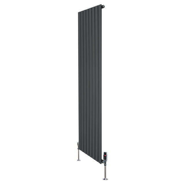 Tall anthracite grey flat single column radiator with sleek vertical lines and modern valves, ideal for contemporary interiors