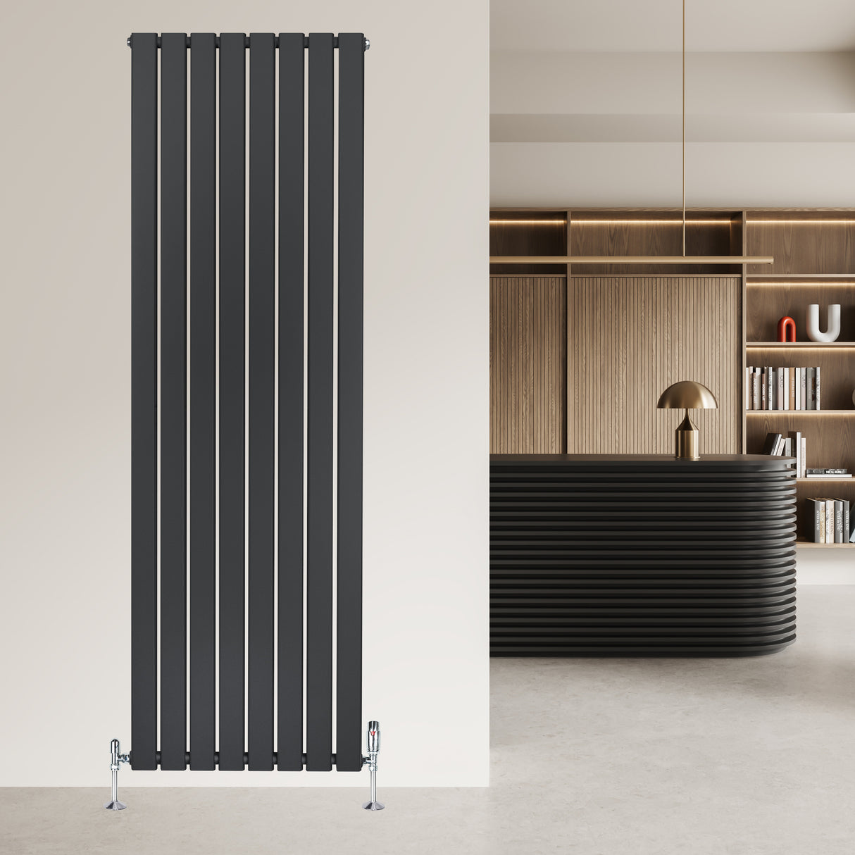 Tall anthracite grey flat single column radiator with sleek vertical lines, mounted on a light wall, complemented by modern decor