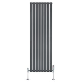Tall anthracite grey flat single column radiator with vertical slats and chrome valves, designed for modern heating solutions