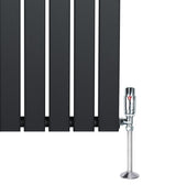 Anthracite grey flat single column radiator with sleek vertical slats and a polished chrome valve, showcasing modern design and functionality