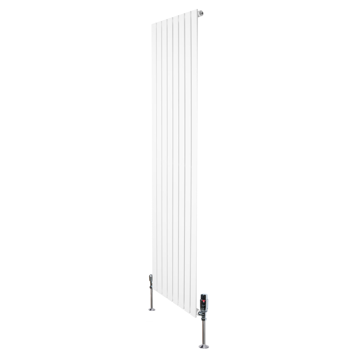 Sleek white flat single column radiator with vertical fins and modern valves, measuring 1800mm x 560mm, ideal for contemporary spaces