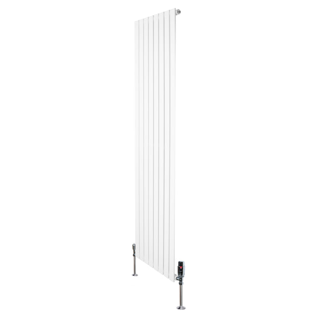 Sleek white flat single column radiator with vertical fins and modern valves, measuring 1800mm x 560mm, ideal for contemporary spaces
