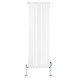 Tall, sleek white flat single column radiator with chrome valves, featuring vertical slats for efficient heating in modern spaces