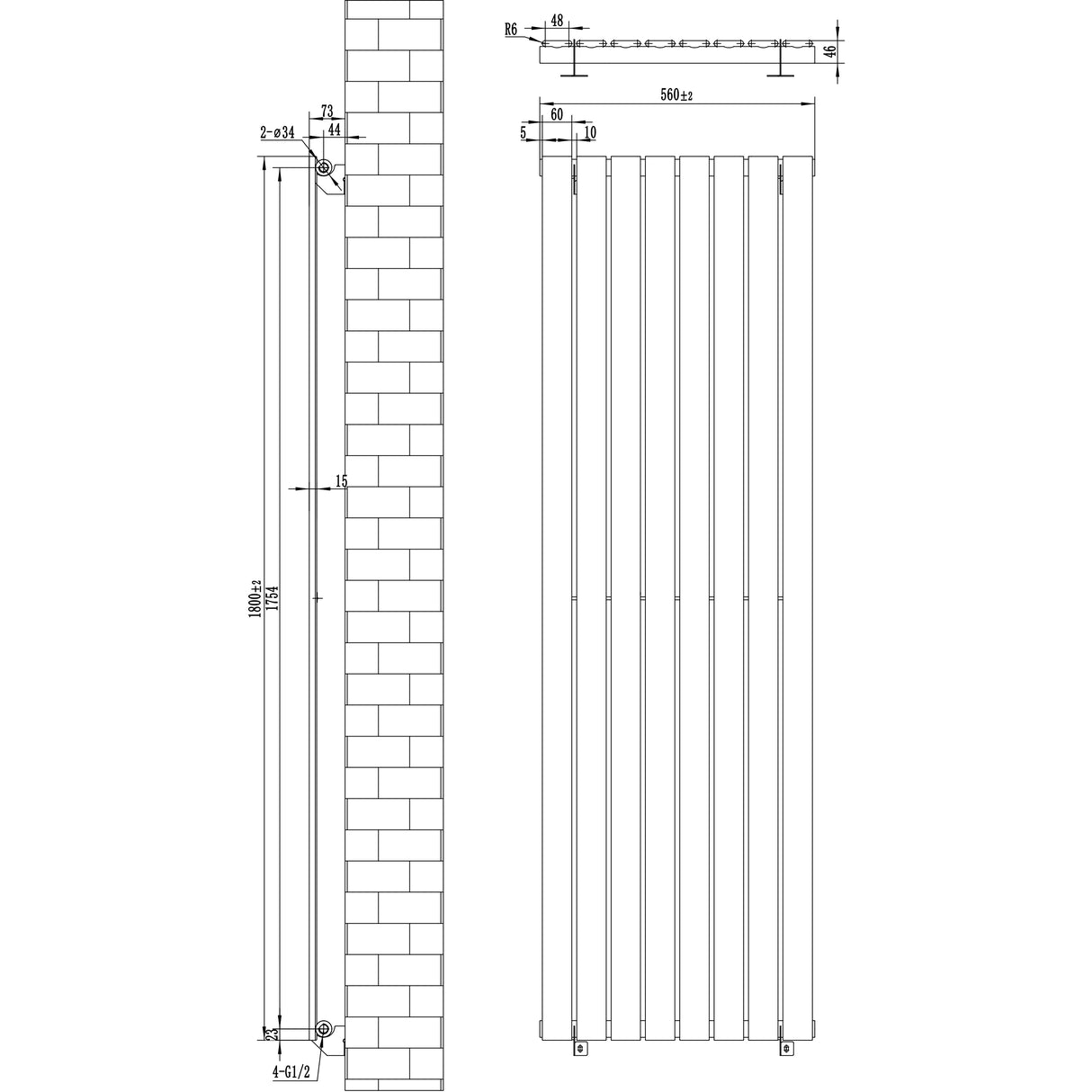Flat white single column radiator with dimensions 1800mm x 560mm, featuring sleek vertical lines and integrated valves for efficient heating