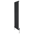 Sleek black flat single column radiator with vertical slats, measuring 1800mm x 560mm, featuring modern valves and a polished finish