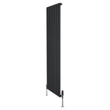 Sleek black flat single column radiator with vertical slats, measuring 1800mm x 560mm, featuring modern valves and a polished finish